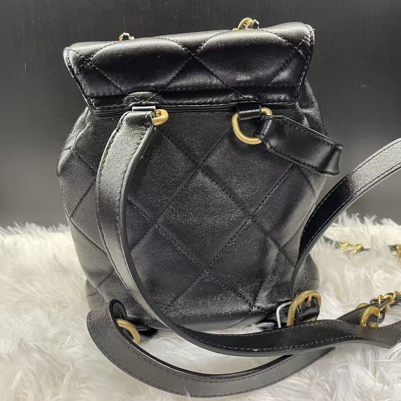 (Preowned) CHANEL 24S logo chain shoulder strap leather chain link pattern sheepskin double shoulder bag female black