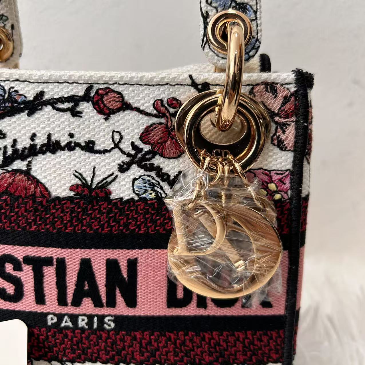 (Preowned) DIOR Lady D-Lite Light Gold Finish Metal Pendant Florilegio Mini Women's White/Multi-Color