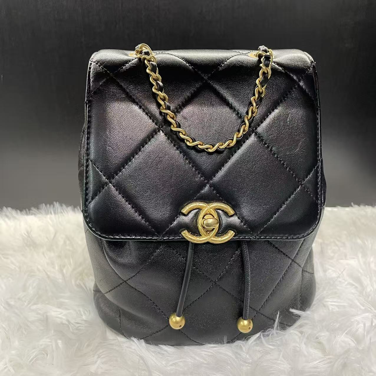 (Preowned) CHANEL 24S logo chain shoulder strap leather chain link pattern sheepskin double shoulder bag female black