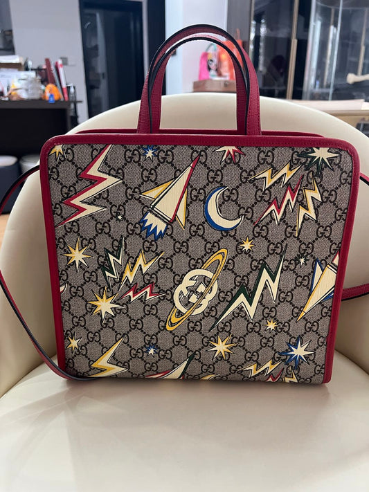 (Preowned) GUCCI Old Flower Logo Tote Children's Ebony/Red